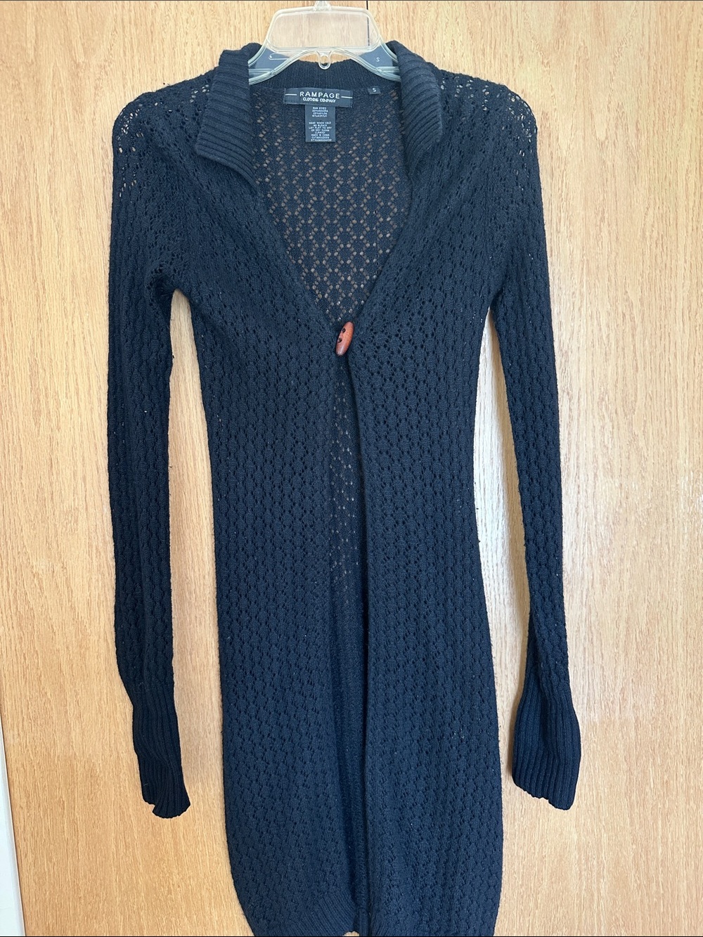 Rampage Black Open-Weave Long Cardigan with Single Button